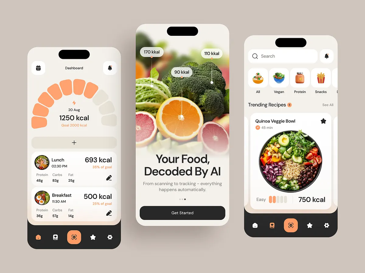 NutriScan AI nutrition and calorie tracking mobile app interface design
