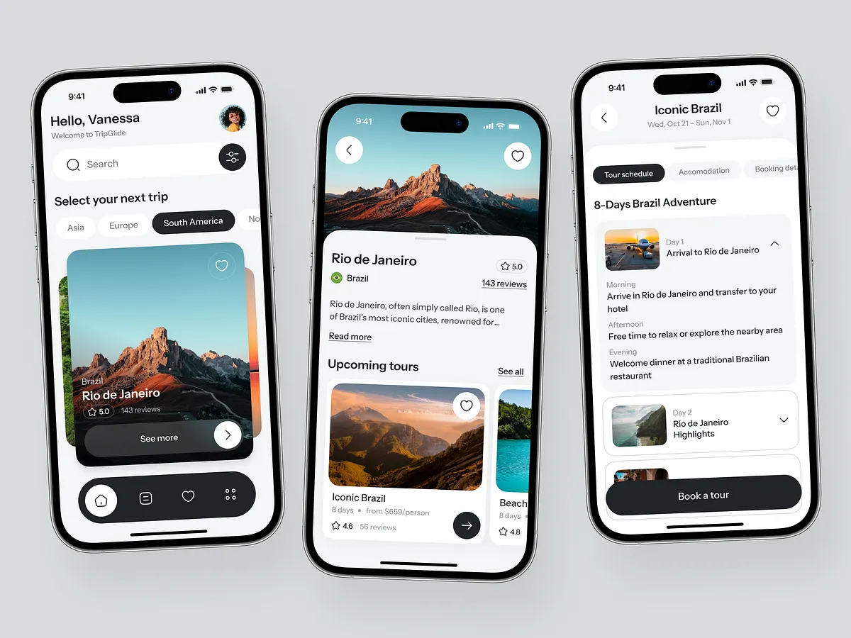 Trip Glide travel and tour booking mobile app interface design